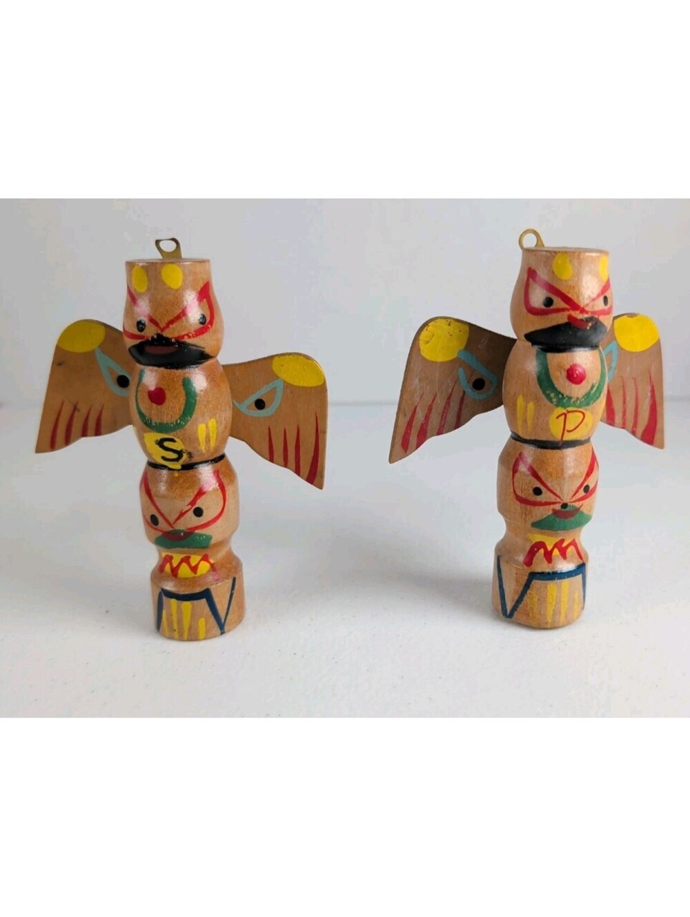 Vtg Wood Totem Pole Salt Pepper Shakers Thunderbird Novelty Souvenir Mid Century